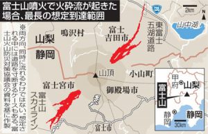 富士山噴火で火砕流が起きた場合、最長の想定到達範囲